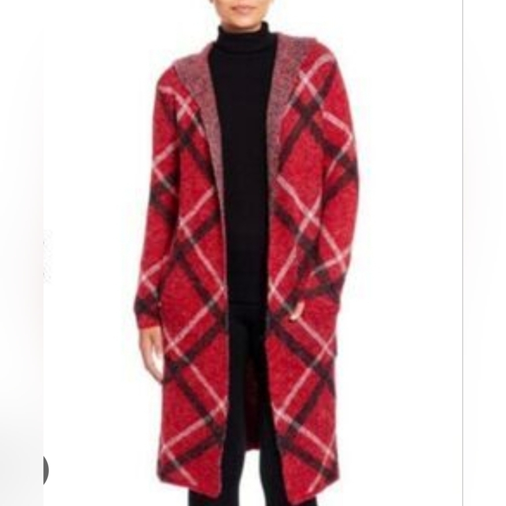 JOESEPH . A Plaid Red and Black Women's LONG Hooded  Sweater Cardigan Sz S NWT